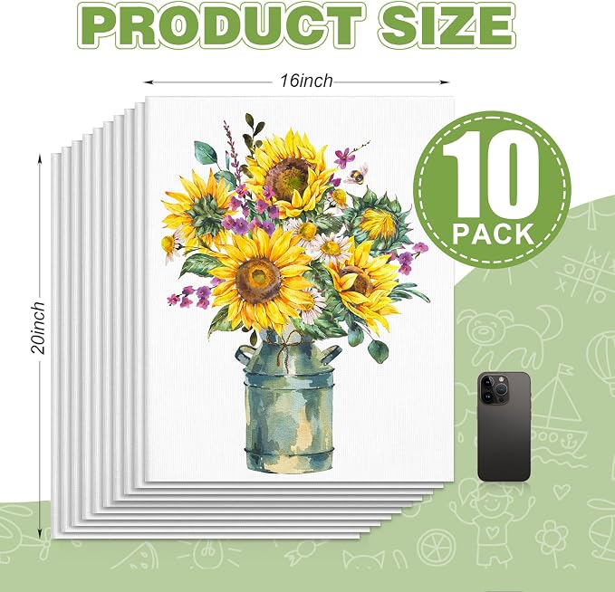 ESRICH Canvas for Painting 16x20 Inch, 10 Pack Flat Canvas Boards for Painting Cotton Primed Acid Free Large Blank Canvases, Canvas Panels for Oil Paint, Watercolor, Acrylic Paint, Gouache, Tempera.