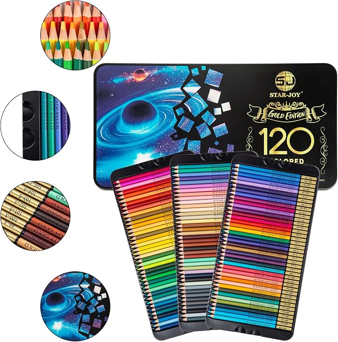 SJ STAR-JOY Gold Edition 120 Colored Pencils for Adult Coloring, Premier Color Pencils for Layering Shading Blending, Holiday Gifts for Artist Drawing, Oil Based Colored Pencils