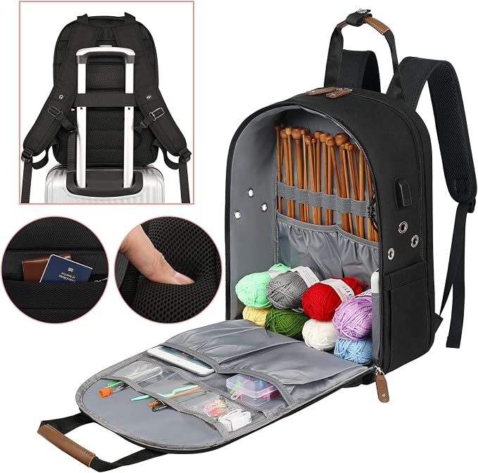 SINVICKO Crochet Bag, Knitting Bag Backpack and Totes Organizer with USB Charging Port, Large Yarn Storage Tote Bag