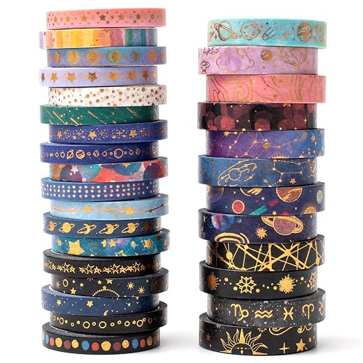 Skinny Galaxy Washi Tape Set 30 Rolls Gold Foil Decorative Starry Space Masking Tapes for Arts, DIY Crafts, Journals, Planners, Scrapbook, Wrapping