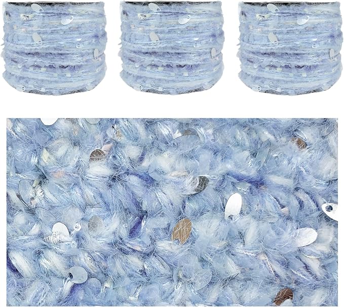 Artisanal Yarn Collection Multifiber Fancy Yarn with Silver Sequins for Knitting Crocheting Crafts DIY, Set of 3 Rolls (Baby Blue)