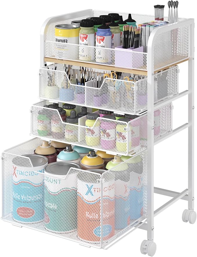 4-Tier Rolling Utility Cart with 3 Drawers-White Craft Organizers and Storage with DIY Dividers, Under Desk Cart with Lockable Wheels, Craft Cart Art Cart for Brushes Artifacts Patent Pending