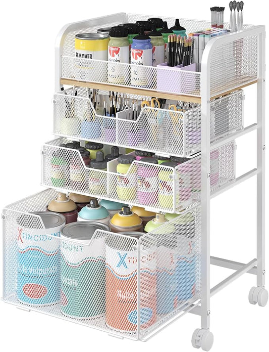 4-Tier Rolling Utility Cart with 3 Drawers-White Craft Organizers and Storage with DIY Dividers, Under Desk Cart with Lockable Wheels, Craft Cart Art Cart for Brushes Artifacts Patent Pending