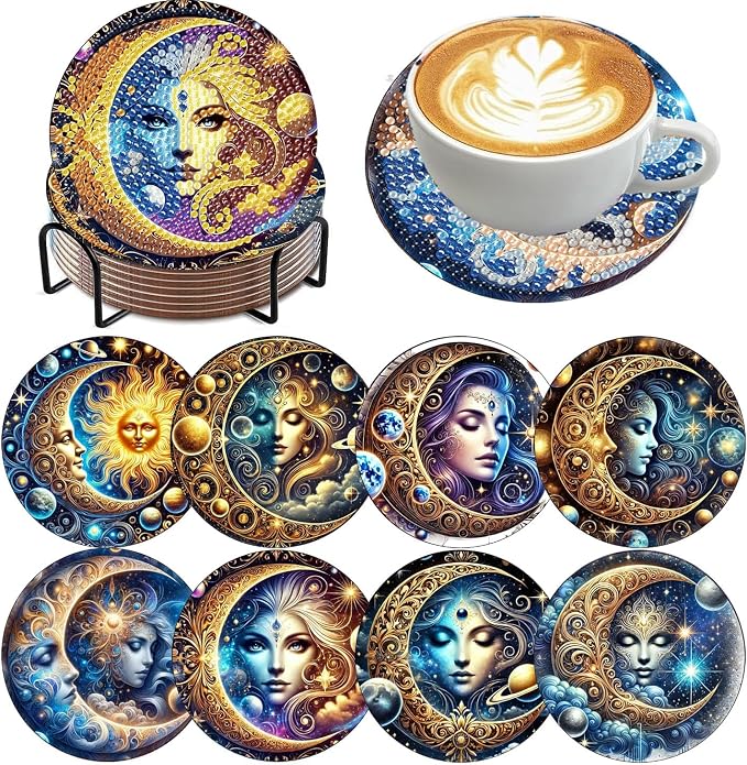 mrpwnle 8 Pcs Diamond Art Coasters Kits, Moon Diamond Painting Coasters Kit