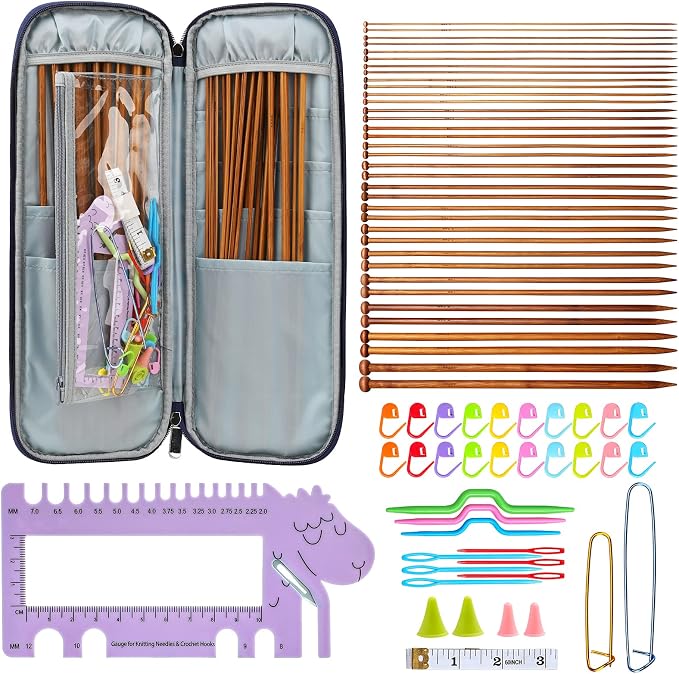 LOOEN Bamboo Knitting Needles Kit 36 Pcs Single Pointed Bamboo Knitting Needles 2.0 mm-10.0 mm + Weaving Tools Knitting Kits (Purple)