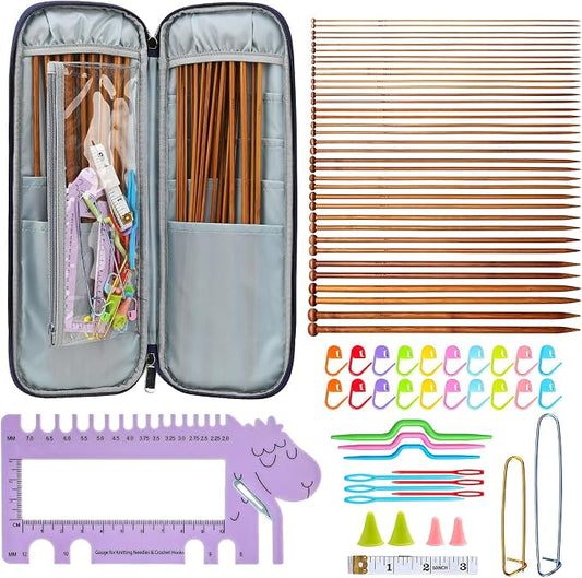LOOEN Bamboo Knitting Needles Kit 36 Pcs Single Pointed Bamboo Knitting Needles 2.0 mm-10.0 mm + Weaving Tools Knitting Kits (Purple)