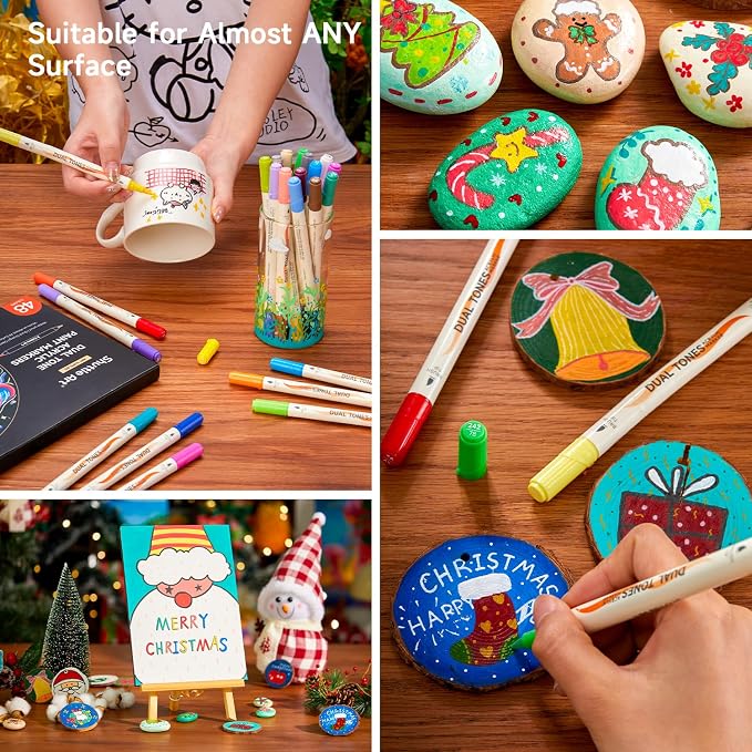 Shuttle Art 48 Colors Dual Tone Acrylic Paint Markers, 24 Pack Acrylic Paint Pens Set for Rock Painting, Ceramic, Wood, Canvas, Glass, Stone, Fabric, Card Making, DIY Football Crafts