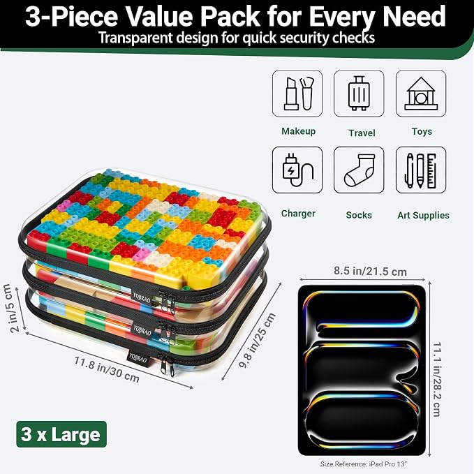 YQBRAO Clear Hard Shell Zipper Cases, 3 Large Travel Organizers, Black