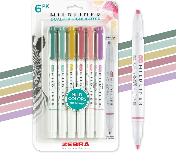 Zebra Pen MILDLINER No Bleed Highlighter, Assorted Mild, Dual Tip, 6-Pack | Broad and Fine Point Tip Marker Set, Ideal for Bible Highlighting, Journaling, School, Teacher and Office Supplies (78906)