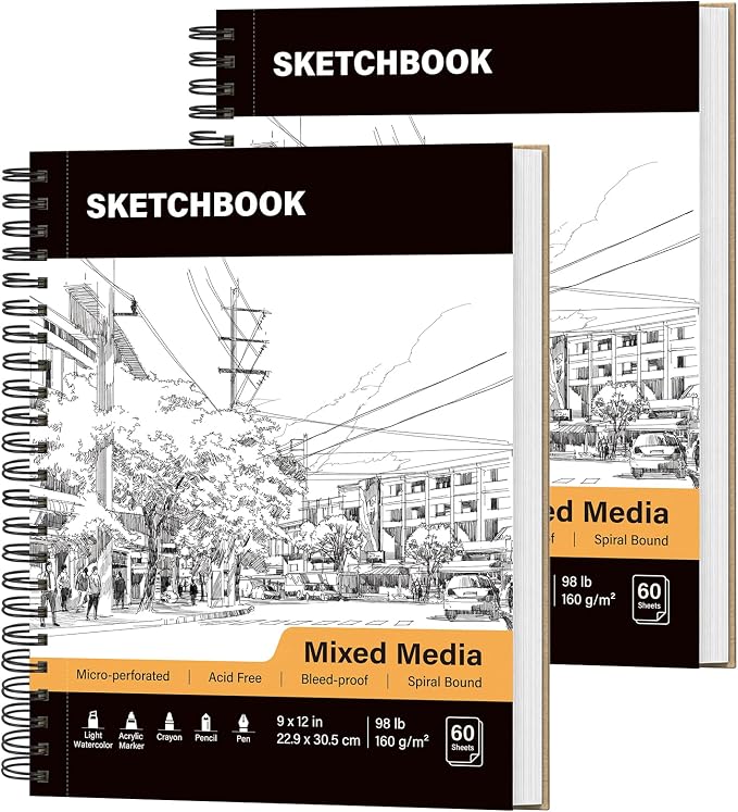 Mixed Media Sketch Book 9" x 12": 98lb/160gsm Spiral Drawing Pad, 2 Pack