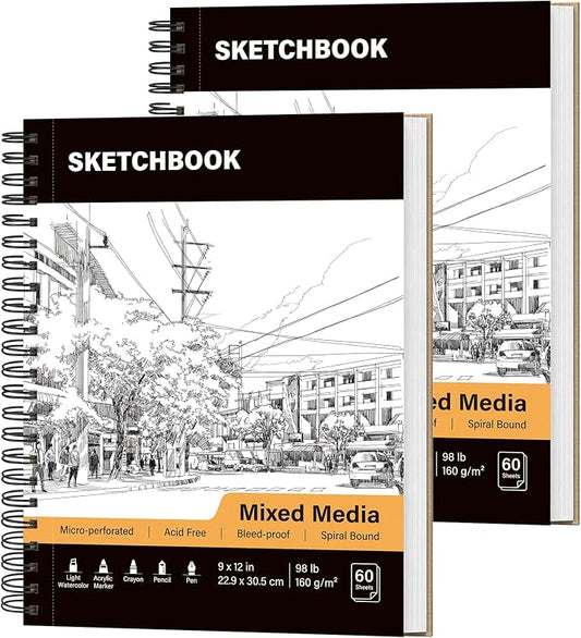 Mixed Media Sketch Book 9" x 12": 98lb/160gsm Spiral Drawing Pad, 2 Pack