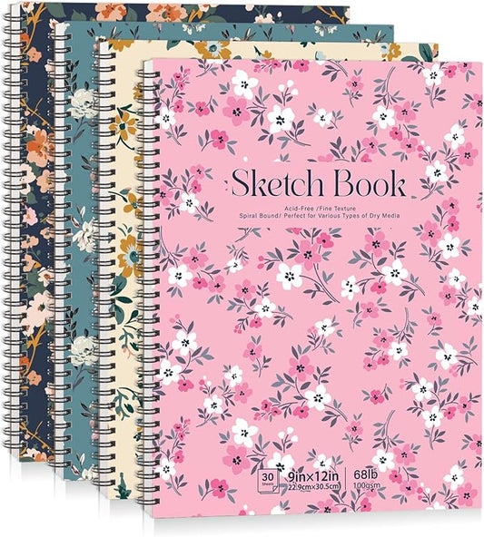 4 Pack Sketch Book 9 × 12 in, Spiral Bound, 30 Sheets, Acid Free | 100gsm Paper, Hardcover with Rigid Backing, Lay-Flat Spiral, for Pencil, Charcoal, Ink And Sketching
