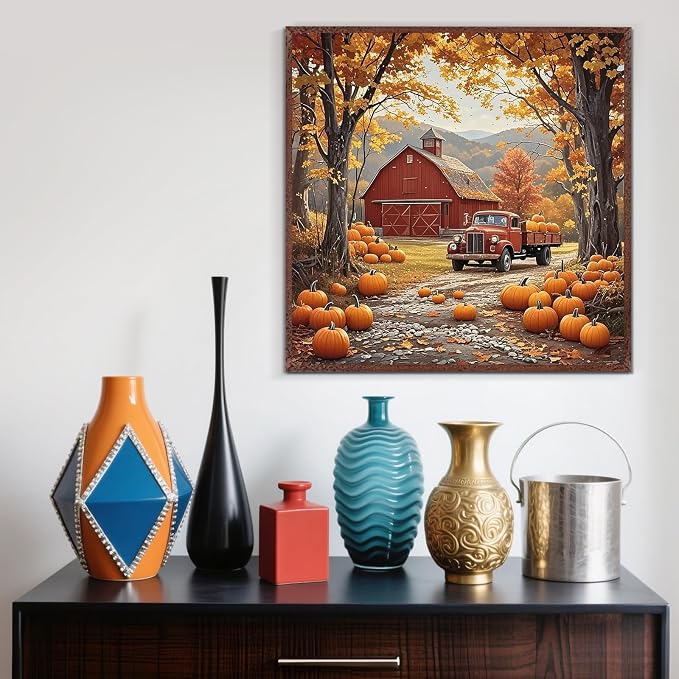 LKHMVCA Fall Farmhouse Truck Pumpkin Paint by Numbers Kit for Adults, DIY Paint by Numbers Kits for Adults Beginners Without Frame, Acrylic Paint Canvas Painting Kits Art for Home Decor 16x16 Inch