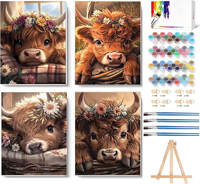 LWZAYS 4 Pack Framed Paint by Numbers Kit for Adults with Wooden Easel - Cow Easy Paint by Numbers with Frame for Beginners, Adult Paint by Number Kits Framed Canvas for Home Decor Gift 8x12 Inch
