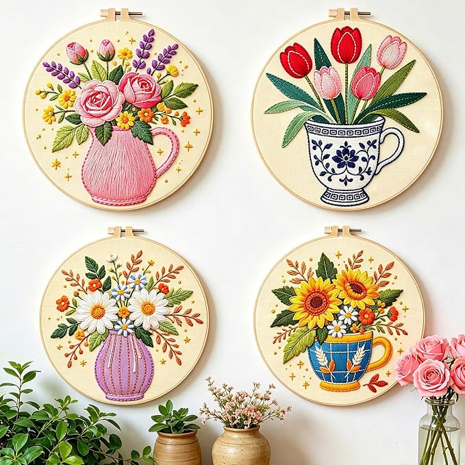 BEUNITONE 4 Set Embroidery Kits for Beginners, Flower Arrangement Design with Pre-Stamped Pattern Craft Kits Include Instruction and Hoops, 7.9x7.9 Needlepoint Kits for Festival Gifts and Home Decor