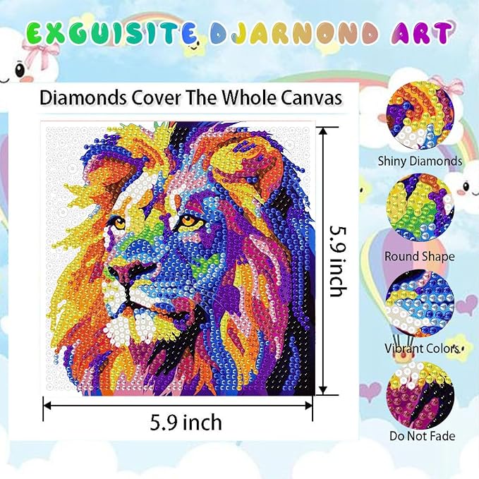 cviokrdu 4 PCS Diamond Art Kits for Kids, Animals Diamond Art for Kids Ages 4 8 12, Cute Horse Lion Dog Deer Gem Art Kit Crafts Beginners for Gift Home Wall Decor (6x6inch)