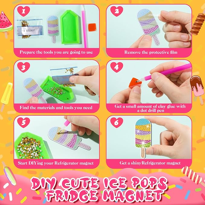 Remuuly 30 Pcs Ice Cream Diamond Painting Magnets Diamond Art Kit for Adult | Summer Refrigerator Magnets, Ice Cream 5D Rhinestone Fridge Magnetic Sticker, Small Diamond Club Gifts, Beginner DIY Crafts
