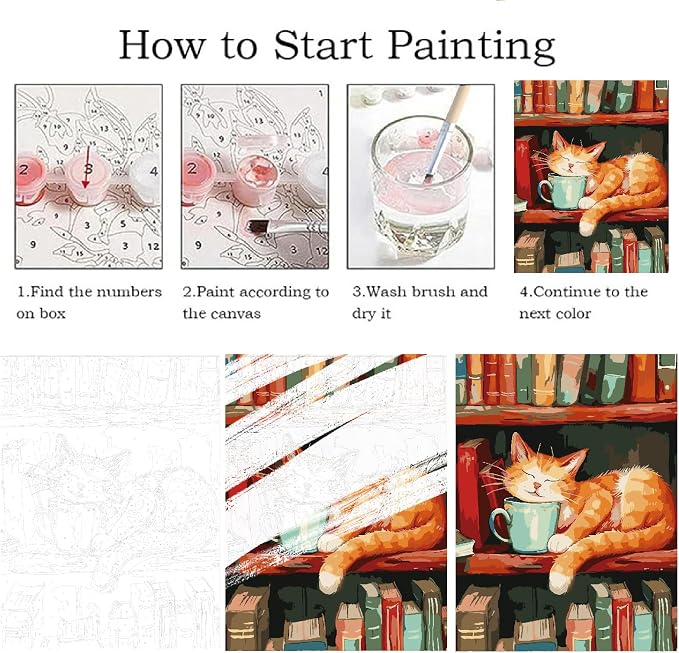 ZRIZQ Paint by Numbers Kit for Adults Beginner,Cat Books,16x20 | Full set with wooden brushes,rolled canvas,rich paints.Calming activity.Beginner friendly.Just open and paint.