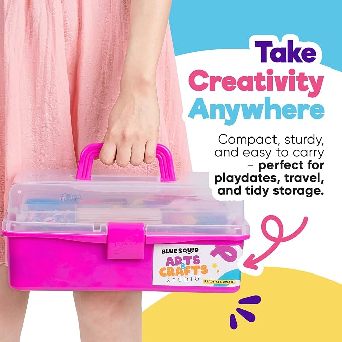 Blue Squid Arts & Crafts Box (Pink)- 2800+ pcs Deluxe Craft Supplies Box, 2 Drawers, 18 Compartments, Sturdy Handle - Art Crafting Kit Birthday Gifts for Kids, School Supply for Ages 4-12