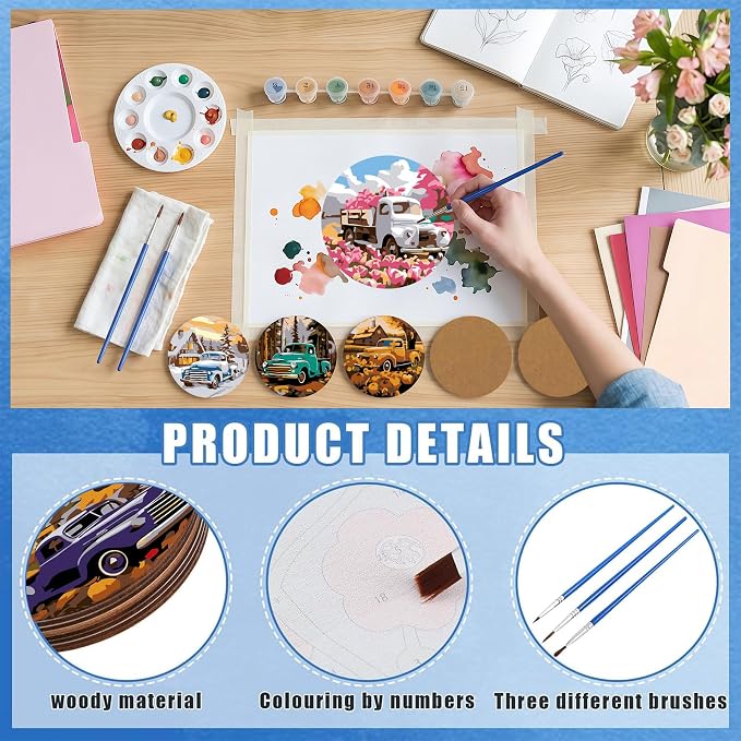 8 Pack All Season Paint by Numbers Kits Coasters with Holder Cork Pads | Truck Paint by Number Kits for Adults Simple Round Oil Painting Coaster for Small DIY Craft Holiday Birthday Gift 3.9x3.9in