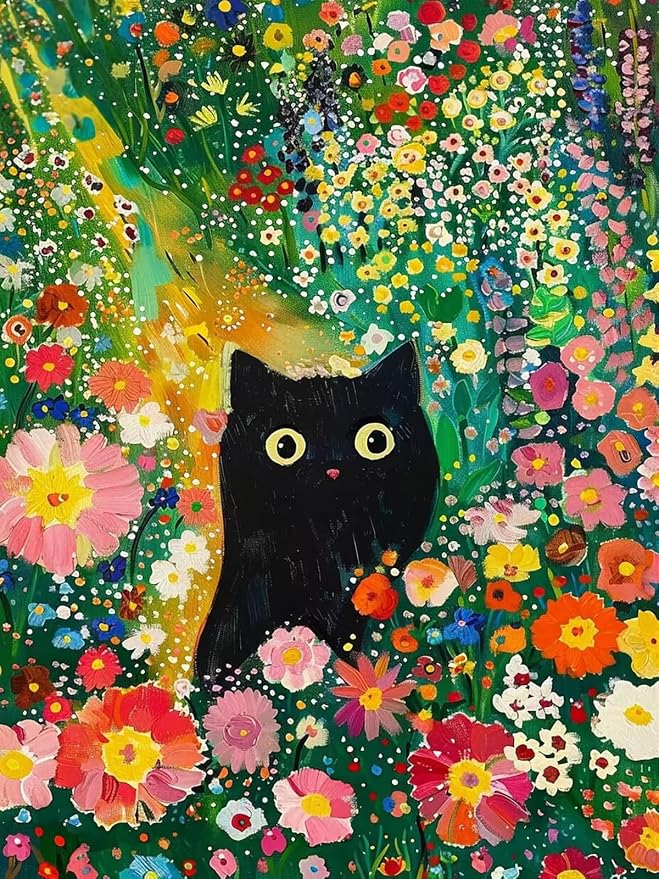 Flowers and Black Cat Paint by Numbers for Adults Beginner 16X20 inch | Adult Paint by Number Kits on Canvas, DIY Acrylic Oil Easy Painting by Numbers for Home Wall Decor (Without Frame)