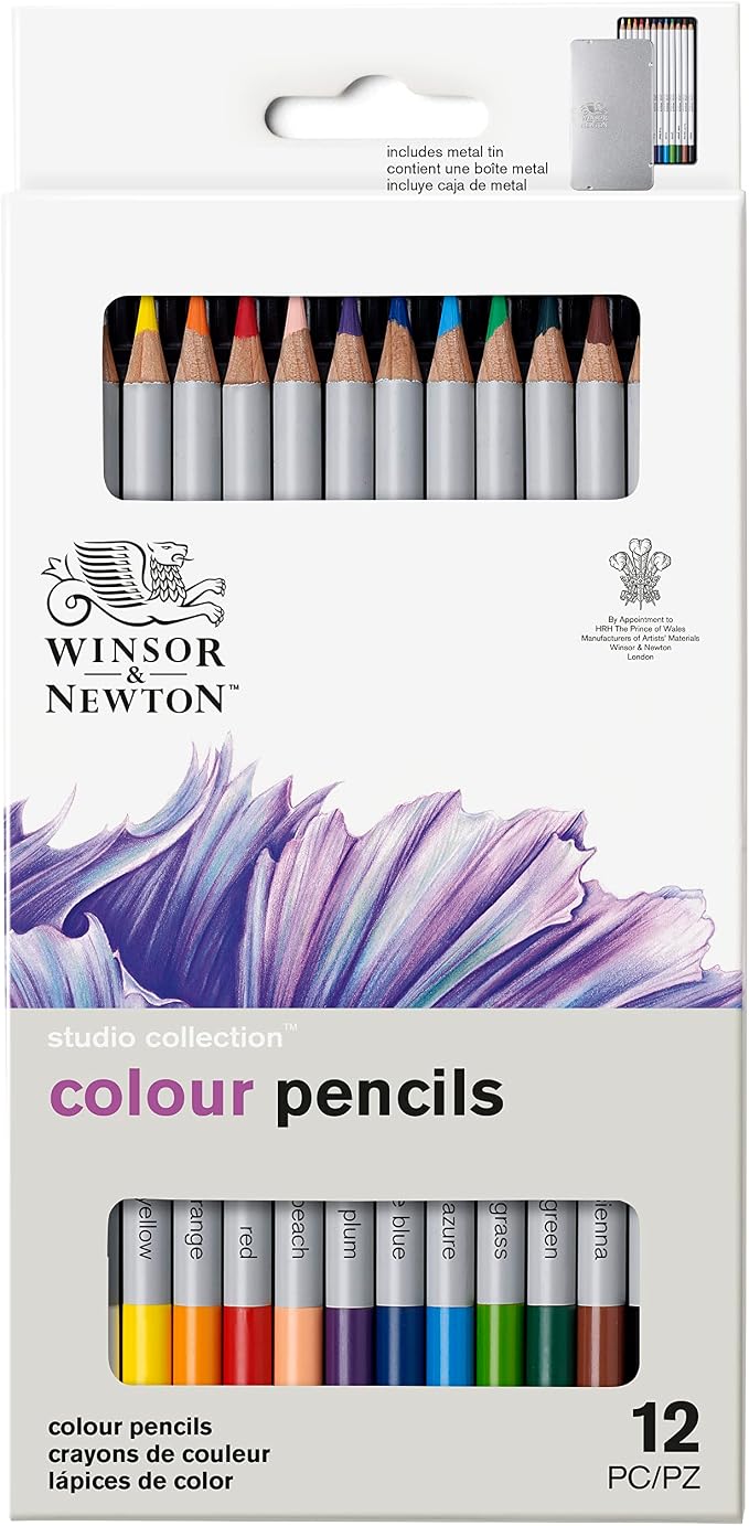 Winsor & Newton Studio Collection, Color Pencils, Set of 12 | Rich, Vibrant Color, Thick-Core Pencils, Soft Smooth Texture, Easy Blending, Stylish Metal Tin Included, High Quality Lead