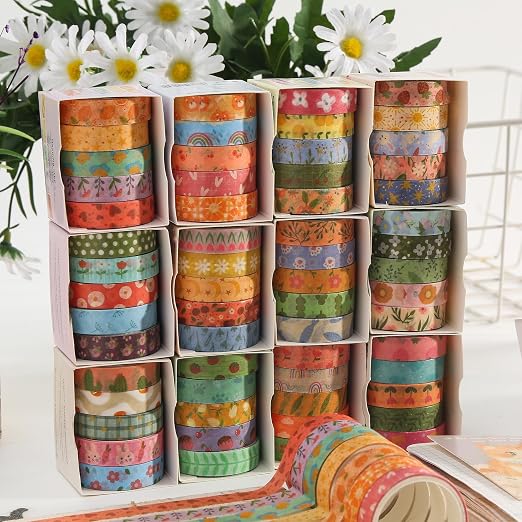 Basic Patterns Washi Tape Set 60 Rolls Geometric Elegance Decorative Skinny Masking Tapes for Arts, DIY Crafts, Journals, Planners, Scrapbook, Wrapping (Warm Floral Cottage)