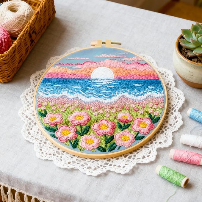 BEUNITONE 6 Set Flower Sea Starter Embroidery Kit with Pre-stamped Pattern Needlepoint Craft Kits with Embroidery Hoops Complete DIY Handmade Cross Stitch Set for Home Decor and Festival Gifts 20x20cm