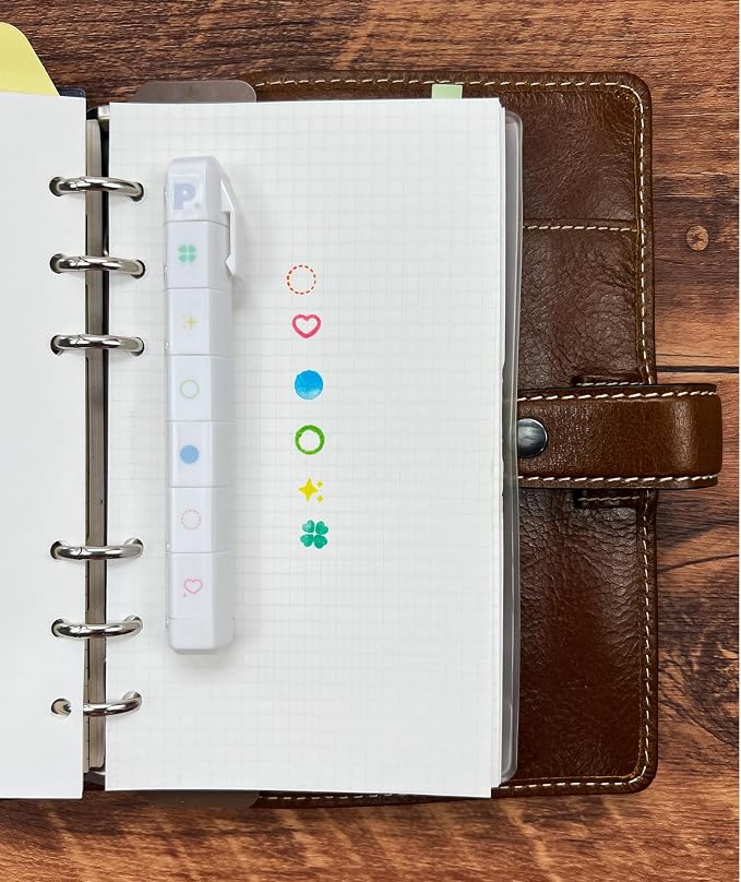 6-in-1 Retractable Pre-Inked Pen Roller Stamp – Basic Symbols Set Includes Circle, Four-Leaf Clover, Heart, Dotted Circle, Star – Rotatable Detachable Design for Bullet Journal, Planners, Crafts
