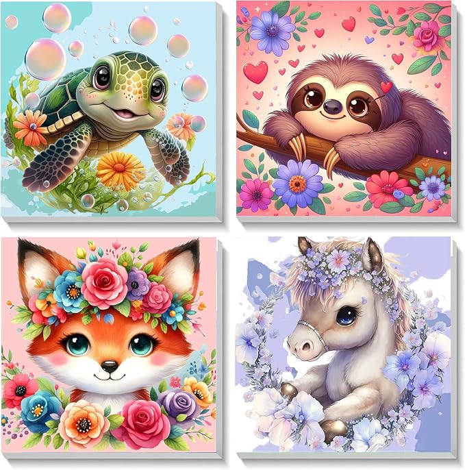 4 Pack Animal Paint by Number for Kids with Wooden Frame - Wooden Easel | Paint by Numbers for Kids Ages 4-8-12, Easy Sloth Fox Sea Turtle Horse DIY Oil Painting Kits for Home Wall Decor (8X8 inch)