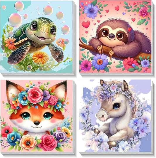 4 Pack Animal Paint by Number for Kids with Wooden Frame - Wooden Easel | Paint by Numbers for Kids Ages 4-8-12, Easy Sloth Fox Sea Turtle Horse DIY Oil Painting Kits for Home Wall Decor (8X8 inch)
