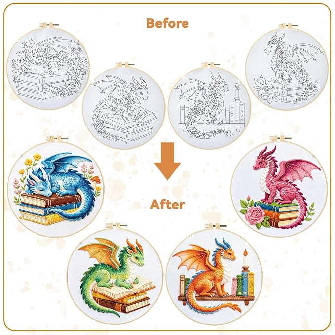 BEUNITONE 4 Set Embroidery Kits for Beginners with Dragon Pre-Print Patterns, DIY Craft Kits Include Instructions and 2 Embroidery Hoops, Cross Stitch Needlepoint Kits for Craft Lover and Home Decor