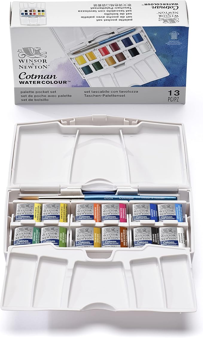 Winsor & Newton Cotman Watercolor Paint Set, 12 Half Pan Palette Pocket Set | Introductory Watercolor made with Fine Art Pigments, Perfect for Beginners, Lightfast & Permanent, Good Tinting Strength