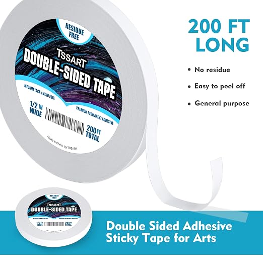Ultra-Thin Permanent Double-Sided Tape - Double Sided Adhesive Sticky Tape for Arts, Crafts, Photography, Scrapbooking, Tear-by-Hand - Acid Free 1/2 Inch Wide 200FT Long Total