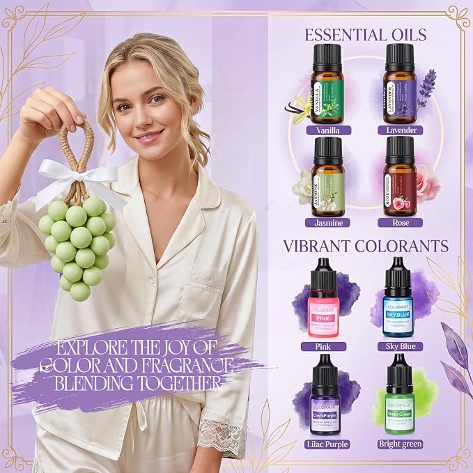 DIY Grape Soap Making Kit Complete Craft Set with with Natural Soap Base Silicone Molds Mica Powder Dried Flowers Coloring Agents and Essential Oils for Homemade Gifts Home Party Decor