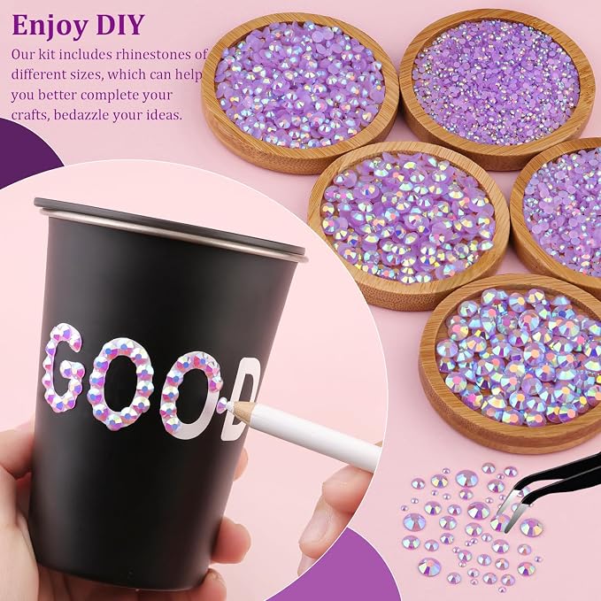 Resin Jelly Rhinestones for Crafting with B7000 Jewelry Glue, 1 Box Light Purple AB Flatback Crystal with 3Pcs 10ml Glue, Bedazzling Non Hotfix Gems for DIY Tumblers Clothing Shoes Manicure