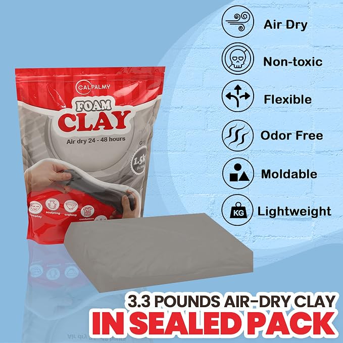 3.3 lbs Moldable Cosplay Foam Clay (Gray) - Air-Dry High Density for Intricate Designs Dries Evenly Within 24-48 Hours Sandable and Paintable
