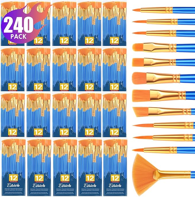 ESRICH Paint Brushes Set, 20Pack 240pcs Paint Brush for Acrylic Painting | Artist Paintbrushes for Watercolor Oil Rock Face Painting, Paint Brush for Kids Adult Arts Painting Brush Kits.