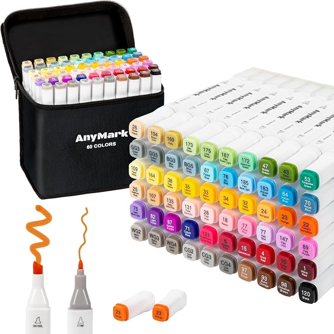 AnyMark 60 Colors Alcohol Markers Chisel & Fine Dual Tip | Coloring Markers Set for Adult Book Drawing Sketching Painting, Illustration, White Penholder
