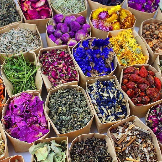50 Packs Set - Dry Flower Craft Set, Dried Flowers, Dried Plants, Roses, Jasmine, Peonies, Lavender, Forget-me-nots, Witchcraft Kit, Resin Jewelry Making, DIY Candles, Seasonal Decorations