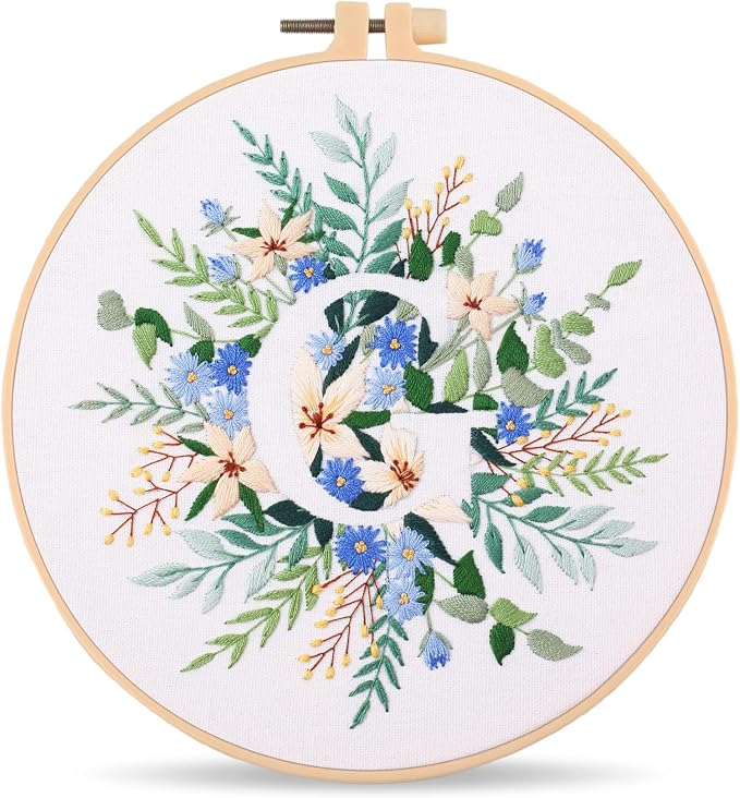 Harimau Letter G Pattern Embroidery Kit for Adult Beginners, Complete Starter Pack with 1 Hoop, Needles, Instruction Guide & Embroidery Stitch Video Tutorials