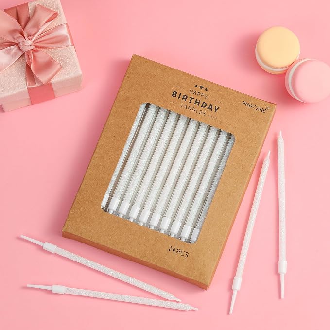 PHD CAKE Iridescent White Long Thin Metallic Birthday Candles, Cake Candles, Birthday Parties, Wedding Decorations, Party Candles