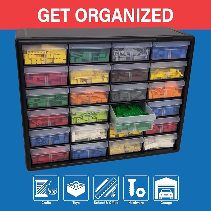 Akro-Mils 24-Drawer Plastic Storage Cabinet, 20" W x 6" D x 16" H, Black | Plastic Cabinet w/ Drawers for Garage Organization, Beads, Building Bricks Storage, Teacher Toolbox, Makeup Organizer, 10124