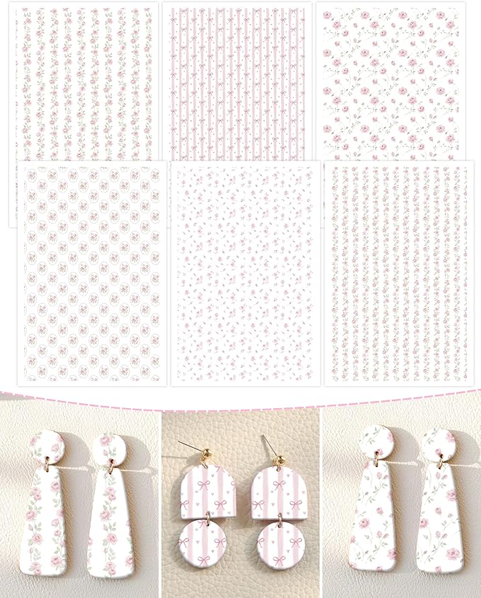 Puocaon Flower Clay Transfer Paper - Pink Rose Transfer Sheets for Polymer Clay Earrings Jewlery Floral Design
