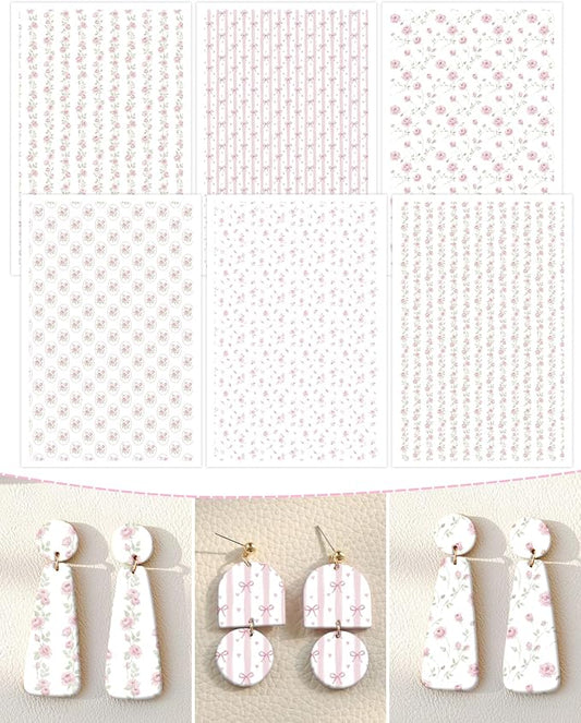 Puocaon Flower Clay Transfer Paper - Pink Rose Transfer Sheets for Polymer Clay Earrings Jewlery Floral Design