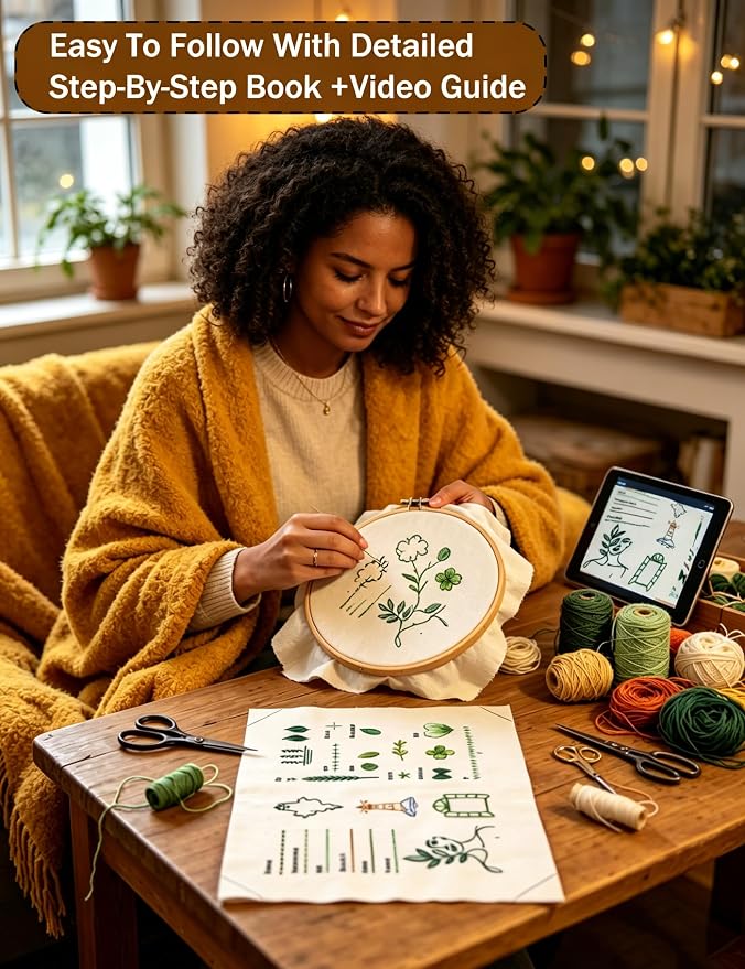 Linhao Jew Embroidery Stitch Book Kit for Beginners, Embroidery Starter Set for Adults DIY Hand Sewing Kits with Threads&Tools，Step-by-Step Video Tutorials