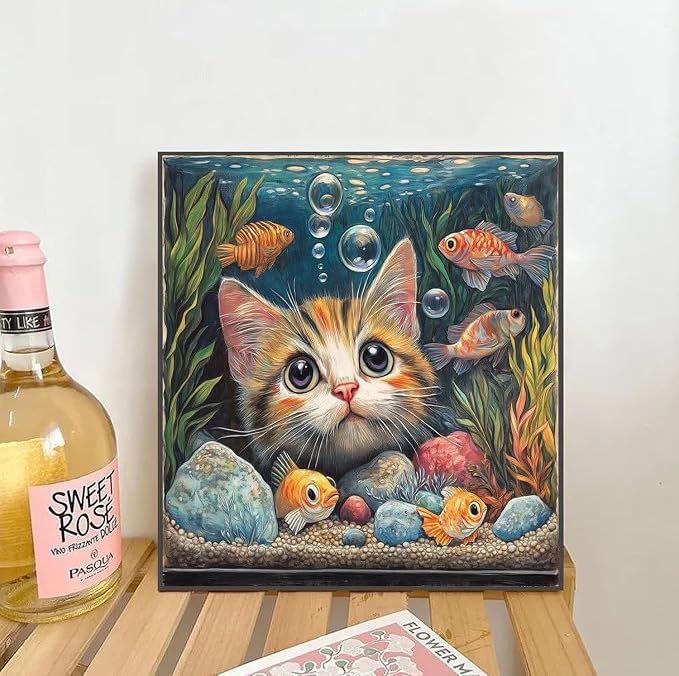 Curious Cat & Goldfish Diamond Art Kits for Adults,Diamond Painting Kit for Beginners, Round 5D DIY Dimond art,Full Drill Painting Kit Art and Crafts for Adults Home Wall Decor【13.8x13.8inch】