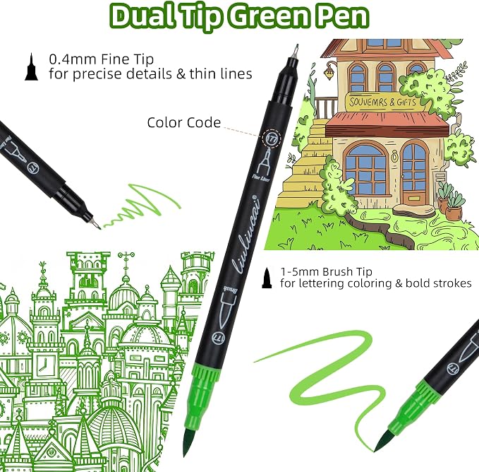 LIULIUCAI 10 Green Dual Markers, Fine & Brush Tip Pen for Adult Coloring