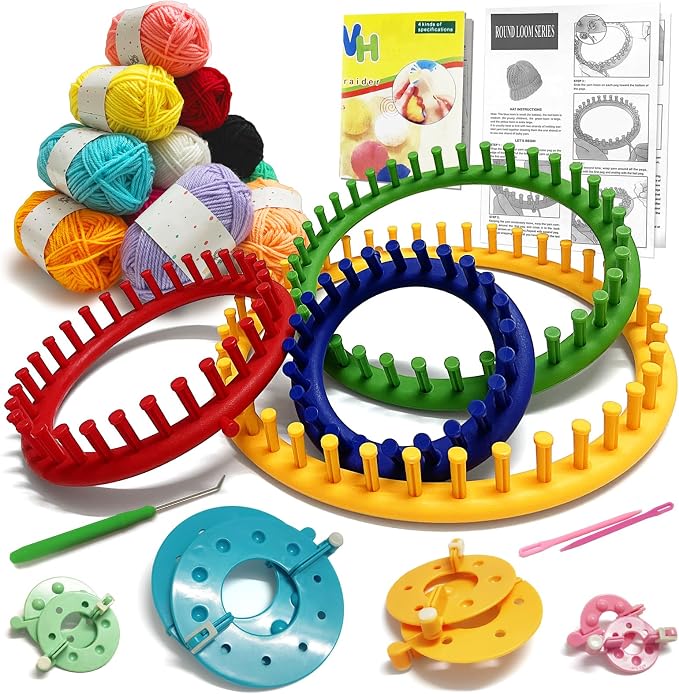 UCDRMA Loom Knitting Kit with Yarn, 23PCS Round Knitting Loom Kit for Beginners Including Instructions and Pom Pom Maker, Easy & Quick Hat Knitting Loom Set/Scarf Loom Knitting Set for Family