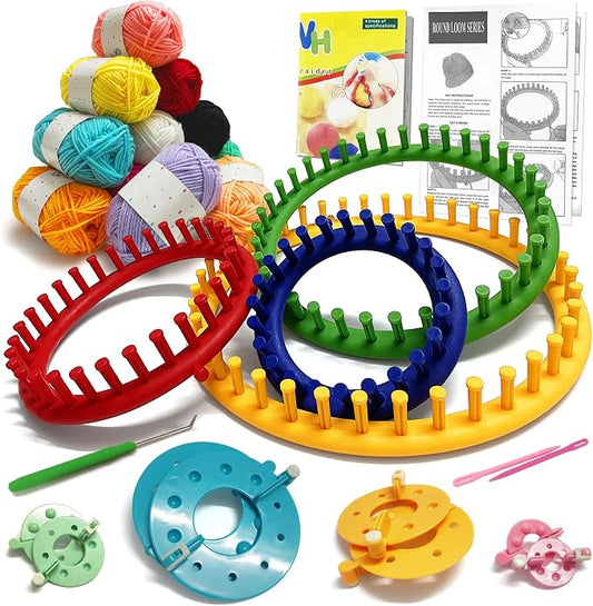 UCDRMA Loom Knitting Kit with Yarn, 23PCS Round Knitting Loom Kit for Beginners Including Instructions and Pom Pom Maker, Easy & Quick Hat Knitting Loom Set/Scarf Loom Knitting Set for Family